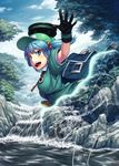  bag black_gloves blue_eyes blue_hair blue_sky breasts cloud commentary_request day gloves h_kasei hair_bobbles hair_ornament hat invisible kawashiro_nitori key medium_breasts open_mouth river sky smile solo spell stealth touhou tree two_side_up water 