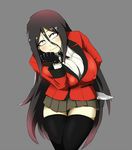  alternate_legwear behind_back black_gloves black_hair black_legwear black_ribbon blush breasts chin_rest combat_knife constricted_pupils dress_shirt formal gloves gradient_hair grey_background hair_between_eyes holding holding_knife jabami_yumeko jacket kakegurui knife large_breasts leaning_forward long_hair looking_at_viewer miniskirt moumoku_pen_gin multicolored_hair patterned pleated_skirt red_eyes red_jacket ribbon shirt simple_background skirt smile solo suit suit_jacket thighhighs very_long_hair weapon zettai_ryouiki 