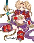 armor armored_dress belt blonde_hair blue_eyes bracer breasts covering covering_breasts garter_straps granblue_fantasy hair_intakes hairband highres kneeling large_breasts long_hair pauldrons red_armor showgirl_skirt sketch skirt solo tetsu_(kimuchi) thighhighs torn_clothes zeta_(granblue_fantasy) 