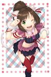  ;d animal_ears bangs boots brown_hair cat_ears cat_tail fang garter_straps green_eyes highres idolmaster idolmaster_cinderella_girls knee_boots lip-mil looking_at_viewer maekawa_miku midriff navel one_eye_closed open_mouth over_the_collar red_legwear short_hair skirt smile solo standing standing_on_one_leg swept_bangs tail thighhighs 