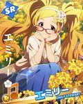 :3 beamed_eighth_notes bespectacled blonde_hair bracelet character_name character_signature emily_stewart field flower flower_field glasses hairband idolmaster idolmaster_million_live! jewelry long_hair looking_at_viewer musical_note official_art purple_eyes rapeseed_blossoms smile twintails 