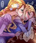  aurora_(disney) bare_shoulders blonde_hair blue_eyes blush braid breast_grab breasts company_connection crossover disney grabbing green_eyes highres kokuchuutei long_hair medium_breasts multiple_girls open_mouth rapunzel_(disney) saliva single_braid sleeping_beauty tangled tears translation_request wince yuri 