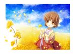  absurdres bad_id bad_pixiv_id brown_eyes brown_hair clannad flower hanbok hemo_(hemo040) highres korean_clothes okazaki_ushio rapeseed_blossoms short_hair 