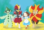  alpacapala ambiguous_gender bisharp blush bow brown_hair cacturne clothing cute dress eyes_closed female hair human mammal mouthless nintendo outside pok&eacute;mon pyroar sky smile the_wizard_of_oz tree video_games young 