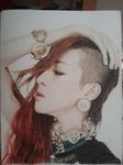  1girl 2ne1 asymmetrical_hair bracelet choker dara_(2ne1) earrings hair_over_one_eye hand_on_head jewelry k-pop long_hair make-up makeup nail_polish necklace ring side_shave simple_background solo traditional_media white_background 