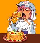  blueberry butter commentary_request dripping eating food fork fruit hat japanese_clothes kimono knife long_sleeves mob_cap obi onikobe_rin open_mouth orange_background pancake purple_hair red_eyes saigyouji_yuyuko sash short_hair stack_of_pancakes strawberry table teeth tongue touhou triangular_headpiece veil wide_sleeves 