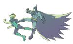  2boys batman batman_(series) bodysuit bruce_wayne cape dc_comics green_lantern green_lantern_(series) hal_jordan justice_league kicking male_focus mask multiple_boys ring 