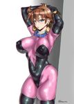  arms_behind_head arms_up black_legwear blue_eyes bodysuit breasts brown_hair burakku-ra covered_nipples earrings elbow_gloves g_gundam gloves gundam hairband highres jewelry large_breasts looking_at_viewer mobile_trace_suit necklace pink_bodysuit puffy_nipples rain_mikamura shiny shiny_clothes short_hair skin_tight solo thighhighs thighs twitter_username 