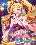  ^_^ bare_shoulders beamed_eighth_notes blonde_hair character_name character_signature closed_eyes emily_stewart idolmaster idolmaster_million_live! japanese_clothes long_hair microphone music musical_note official_art open_mouth singing smile solo twintails wireless 