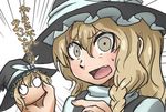  :o braid brown_eyes brown_hair chamaji countryball fang hat holding kirisame_marisa long_hair looking_at_viewer o_o open_mouth pointing single_braid solo surprised sweat touhou translated v-shaped_eyebrows witch_hat 