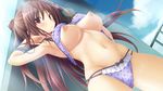  1girl areolae armpits artist_request blush bra breasts breasts_outside brown_hair character_request chrono_clock female game_cg jast jounochi_makoto koku large_breasts long_hair navel nipples panties puffy_nipples red_eyes solo source_request underwear undressing 
