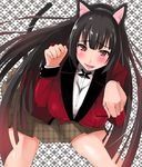  animal_ears black_hair blush cat_ears cat_tail fake_animal_ears fangs hime_cut jabami_yumeko jewelry kakegurui long_hair looking_at_viewer miniskirt no_legwear open_mouth red_eyes ring school_uniform skirt tail takara_joney thumb_ring very_long_hair 