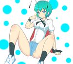  antennae black_legwear blue_eyes blush breasts bug butterfly butterfly_on_hand cape collared_shirt green_hair insect looking_at_viewer medium_breasts partially_visible_vulva shirt short_hair short_shorts shorts socks solo spread_legs touhou very_short_hair wade wriggle_nightbug 