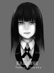  bangs blunt_bangs character_name copyright_name formal grey_background greyscale jabami_yumeko kakegurui lips long_hair looking_at_viewer monochrome simple_background solo straight_hair suit upper_body yin_(huine0821) 