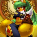  blush book brown_eyes female fox furry green_hair long_hair monoeye solo 