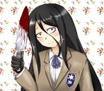  black_gloves black_hair blazer blood bloody_knife blue_ribbon constricted_pupils crest gloves hair_between_eyes holding holding_knife jabami_yumeko jacket kakegurui knife long_hair looking_at_viewer moumoku_pen_gin patterned_background red_eyes ribbon school_emblem school_uniform sketch smile solo upper_body 