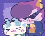  abbreviated_karakusa cat chuno closed_eyes coin_purse fangs furoshiki komasan multiple_tails no_humans notched_ear open_mouth pompadour purple_background scar scar_across_eye sunglasses tail two_tails warunyan wavy_mouth youkai youkai_watch youkai_watch_2 