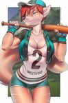 2015 anthro baseball_bat canine cleavage clothed clothing cyan_eyes female gloves hat hicane_(character) jacket mammal miles_df shirt solo wolf 