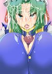  1girl blush breasts cum cum_in_mouth cum_on_hair facial full-face_blush gigantic_breasts green_eyes green_hair hat highres ilhan mima open_mouth paizuri paizuri_under_clothes penis solo_focus tongue touhou touhou_(pc-98) uncensored 