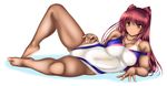  blush breasts brown_eyes competition_swimsuit covered_nipples hand_on_hip kousaka_tamaki large_breasts long_hair looking_at_viewer lying one-piece_swimsuit otone red_hair shiny shiny_skin simple_background smile solo swimsuit tan tanline to_heart_2 white_background 