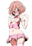  ahoge bandages blush breasts brown_eyes brown_hair glasses jewelry kuriyama_mirai kyoukai_no_kanata microskirt muu_rian navel nipples pubic_hair ring skirt small_breasts solo striped striped_legwear thighhighs 