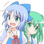  2girls :d blue_bow blue_eyes blue_hair bow cirno daiyousei green_eyes green_hair hair_bow mikan_imo multiple_girls open_mouth short_hair short_sleeves shy simple_background smile touhou white_background 