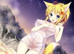  :d animal_ears blonde_hair blush breasts covered_nipples dog_days fox_ears fox_tail green_eyes hair_ornament hair_ribbon hair_stick hill large_breasts leaf maple_leaf naked_towel night night_sky open_mouth ponytail ribbon short_hair sky smile solo star_(sky) starry_sky tail tateha_(marvelous_grace) towel wading water yukikaze_panettone 