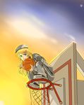  ball basketball basketball_hoop blonde_hair blue_eyes cabbie_hat elakan gopnik grin hair_ornament hairclip hat highres kousaka_kirino long_hair ore_no_imouto_ga_konna_ni_kawaii_wake_ga_nai shoes smile sneakers solo squatting track_suit v 