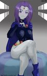  ankle_boots belt blush boots breasts brooch cape crossed_legs dc_comics forehead_jewel grey_skin highres jewelry leotard medium_breasts purple_eyes purple_hair raven_(dc) short_hair sitting smile solo teen_titans xplotter 
