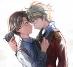  aldnoah.zero bad_id bad_pixiv_id brown_hair cravat double-breasted epaulettes green_eyes gun holster jacket kaizuka_inaho male_focus military military_uniform miso_katsu multiple_boys shirt silver_hair slaine_troyard uniform weapon 