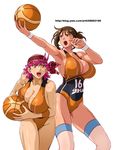  armpits ball bandana basketball black_leotard breasts brown_hair cleavage freckles ge_xi highres huge_breasts leotard multiple_girls orange_leotard original pink_hair playing_sports short_hair sideboob sport sweat thighhighs watermark web_address wristband 