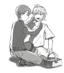  aldnoah.zero bad_id bad_pixiv_id basket eyepatch feeding fork kaizuka_inaho male_focus miso_katsu monochrome multiple_boys open_mouth slaine_troyard 