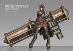  absurdres breasts brown_eyes brown_hair cleavage cleavage_cutout commentary full_body gun hat highres huge_weapon large_breasts len_brew long_legs personification pixiv_fantasia pixiv_fantasia_t pointy_ears reflective_floor schwerer_gustav solo thighhighs weapon 