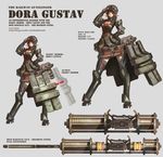  absurdres breasts brown_eyes brown_hair character_sheet cleavage cleavage_cutout commentary full_body gun hat highres huge_weapon large_breasts len_brew long_legs multiple_views pixiv_fantasia pixiv_fantasia_t pointy_ears schwerer_gustav weapon 