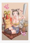  :p animal_ears ball bangs baseball_bat baseball_mitt basketball black_hair black_legwear blunt_bangs box breasts brown_background brown_eyes camisole candy cat cat_ears cat_tail cleavage collarbone denim denim_shorts food gift gift_box heisejinshu highres large_breasts lips lollipop looking_at_viewer midriff no_shoes original scarf scarf_removed seiza short_hair shorts sitting solo spaghetti_strap striped striped_scarf tail thighhighs tongue tongue_out 