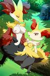  anthro barefoot braixen breasts camel_toe canine clothed clothing delphox digital_media_(artwork) duo edit female fox fur half-closed_eyes half-dressed log lonbluewolf looking_at_viewer looking_down mammal nintendo nipples nude open_mouth outside pok&eacute;mon pussy sharp_teeth sitting size_difference smile teeth video_games wood 