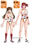  antenna_hair bandana basketball basketball_uniform bow breasts brown_eyes brown_hair character_request character_sheet cleavage full_body ge_xi hair_bow height_difference highres kneehighs leotard long_hair measurements multiple_girls orange_eyes orange_leotard original pink_hair shoes short_hair sideboob small_breasts sneakers sportswear striped striped_legwear translation_request twintails watermark web_address white_leotard 