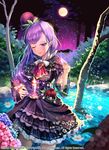  artist_name blackberry_cookie blush bow candle cookie_run cup dress eyebrows_visible_through_hair fire flower frilled_dress frills hair_ornament highres holding holding_cup leaf leaf_hair_ornament lily_pad long_hair looking_at_viewer moon night one_eye_closed personification purple_eyes purple_hair red_flower red_rose rose shoonia smile solo sparkle tree water wide_sleeves 