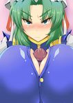  1girl blush breasts full-face_blush gigantic_breasts green_eyes green_hair hat highres ilhan mima paizuri paizuri_under_clothes penis precum solo_focus touhou touhou_(pc-98) uncensored 