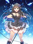  bare_shoulders black_gothic_dress_(idolmaster) blush boots brown_hair character_name dress flower gloves green_eyes hair_flower hair_ornament idolmaster idolmaster_cinderella_girls long_hair looking_at_viewer microphone microphone_stand open_mouth redrop sample shibuya_rin solo 