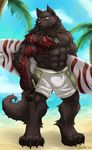  2014 abs anthro beach biceps big_muscles black_fur black_hair black_nose canine cinna-tree claws clothed clothing collar eyewear front fur glasses grin hair half-dressed looking_away lothing male mammal muscles necklace outside paws pecs pose red_eyes sand sea seaside shorts smile solo standing sunglasses surfboard swimsuit tattoo toe_claws toned topless water wolf 