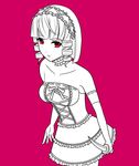  aibi12634761 bare_shoulders cowboy_shot dress drill_hair gokukoku_no_brynhildr knife lineart maid_headdress monochrome pink pink_background red_eyes simple_background solo spot_color strapless strapless_dress tachibana_kana twin_drills 