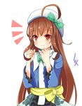  :3 ahoge bad_id bad_pixiv_id beret blue_jacket blush bow bowtie brown_hair clenched_hands collar hat hat_bow jacket layered_skirt long_hair ole_tower open_clothes open_jacket polisher_(ole_tower) red_eyes sash shirt simple_background smile solo upper_body white_background white_shirt 