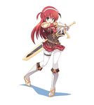  alisia_heart blue_eyes dungeon_travelers_2 long_hair open_mouth ouhashi red_hair simple_background skirt solo sword weapon white_background white_legwear 