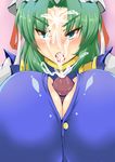  1girl blush breasts cum cum_in_mouth ejaculation facial full-face_blush gigantic_breasts green_eyes green_hair hat highres ilhan mima open_mouth paizuri paizuri_under_clothes penis solo_focus touhou touhou_(pc-98) uncensored 