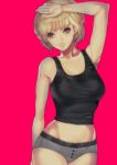  1girl amano_ai arm_behind_back arm_up armpits backlighting bangs bare_shoulders blonde_hair blunt_bangs breasts buttons collarbone cowboy_shot crop_top den&#039;ei_shoujo grey_panties hand_on_own_forehead light_smile lips medium_breasts midriff panties short_hair simple_background sleeveless solo standing tank_top tomohide underwear 