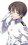  black_eyes black_hair em glasses gloves military military_uniform short_hair simple_background smile solo uniform wakamoto_tetsuko white_background world_witches_series 