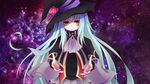  artist_request blue_hair capelet hat highres long_hair ole_tower red_eyes solo spanner_(ole_tower) spanner_m36_(ole_tower) witch_hat 