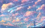  cloud dress fantasy from_below kneehighs light_particles long_hair meteor original ponytail sakimori_(hououbds) scenery sky solo star_(sky) twilight wind 