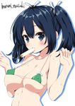  artist_name bikini blue_eyes blue_hair blush breasts covered_nipples eating food food_in_mouth green_bikini hair_between_eyes hair_ribbon inuzumi_masaki kantai_collection large_breasts long_hair looking_at_viewer micro_bikini popsicle ribbon solo souryuu_(kantai_collection) swimsuit twintails upper_body wet white_ribbon 